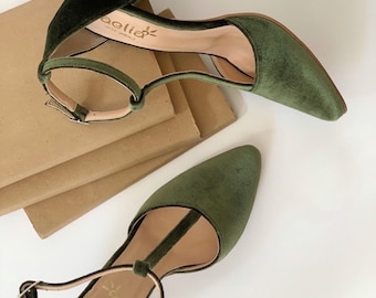 Olive Green velvet tango style Woman Handmade Medium Block Heels Pointed Pumps ,Green velvet wedding shoes   collection sandalen blockabsatz