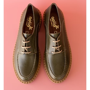 Olive Green Woman Loafers with Laces Minny chunky lace up flat shoes Vegan/ Brogues Green Shoes /vegan shoes
