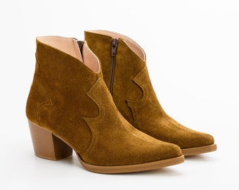 BROWN -tapenade Suede leather Ankle Boots Cowboy style, pointed ankle boots, western ankle boots for women.Handmade  made to order