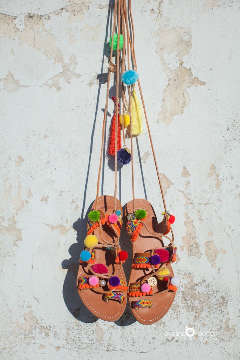 Aelia Boho Greek Sandals /tie up Gladiator Sandals / Pom Pom Etsy