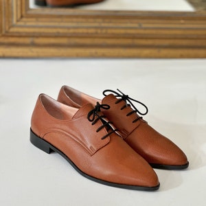 May include: A pair of brown leather lace-up shoes with a pointed toe. The shoes have a black lace and a black sole.