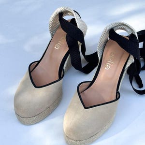 beige and black Espadrilles Wedges with black ribbon .Suede wedge beige  with black details espadrilles handmade in Greece . Lace up
