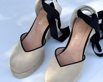 beige and black Espadrilles Wedges with black ribbon .Suede wedge beige  with black details espadrilles handmade in Greece . Lace up