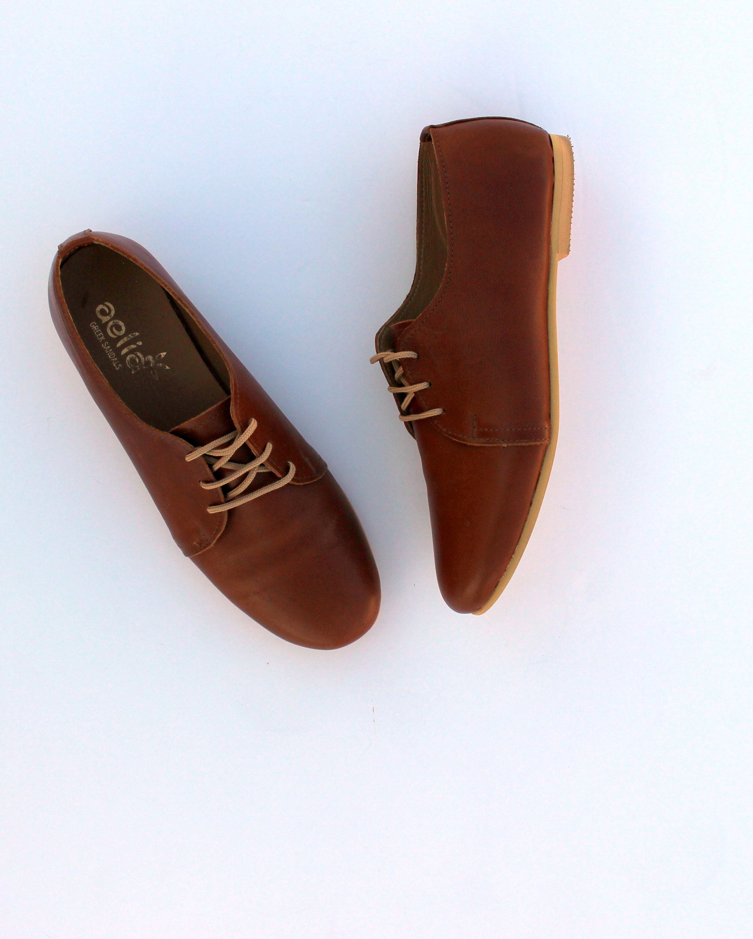 Woman Leather Oxfords Shoes Flat Derby Ties Shoes Vintage Look Brown