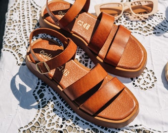 Brown Double Strap and ankle strap Gladiator  Flatform handmade sandals / Camel Comfort sandals/ platform handmade Aelia Greek sandals