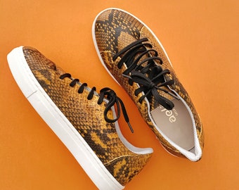 Leather Sneakers. Burned Orange Snake Print Leather. Handmade in Greece