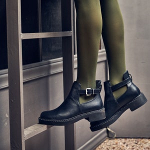 Black Leather Handmade Ankle Boots /Open Sides Ankle Booties with buckle / boots for every day/ black ankle boots with cuts image 1