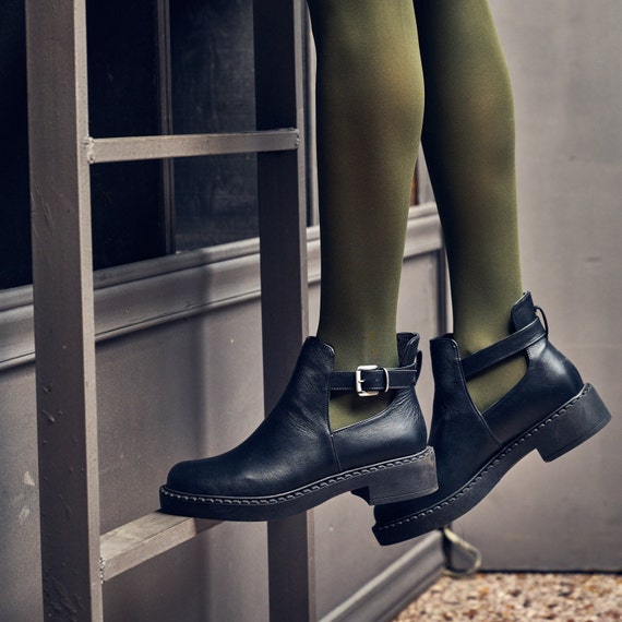 Black Leather Handmade Ankle Boots open Sides Ankle Booties With Buckle Boots for Every Day Black Ankle Boots With Cuts Etsy