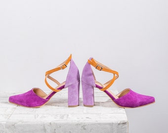 Woman heels Magenta- orange - lilac stunning block heels  Woman Handmade Medium Block Heels Pointed Pumps , sandalen blockabsatz