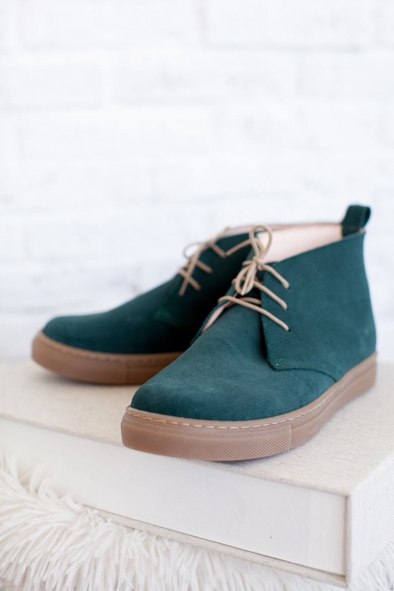 Dark Green Leather Shoes Handmade Aelia Sneakers Green Ankle Boots for Women image 7