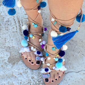 Gladiator sandals in blue /Pom Pom/lace up Greek sandals/ aelia Greek sandals/ tassel/ boho /woman shoes/ free shipping image 2