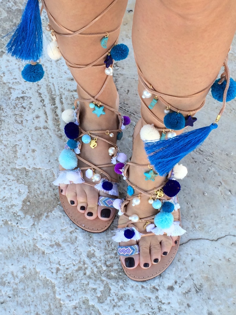 Gladiator sandals in blue /Pom Pom/lace up Greek sandals/ aelia Greek sandals/ tassel/ boho /woman shoes/ free shipping image 2