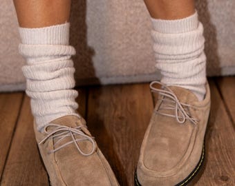 Beige Suede Lace-Up Loafers for Women, Round Toe Leather Shoes, Classic Loafers, Comfortable Casual Shoes for Everyday Wear