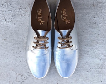 Leather Woman Shoes-Woman oxford leather shoes- Silver shoes-Flats Oxford shoes- Handmade shoes-woman shoesready to ship -Handmade Shoes