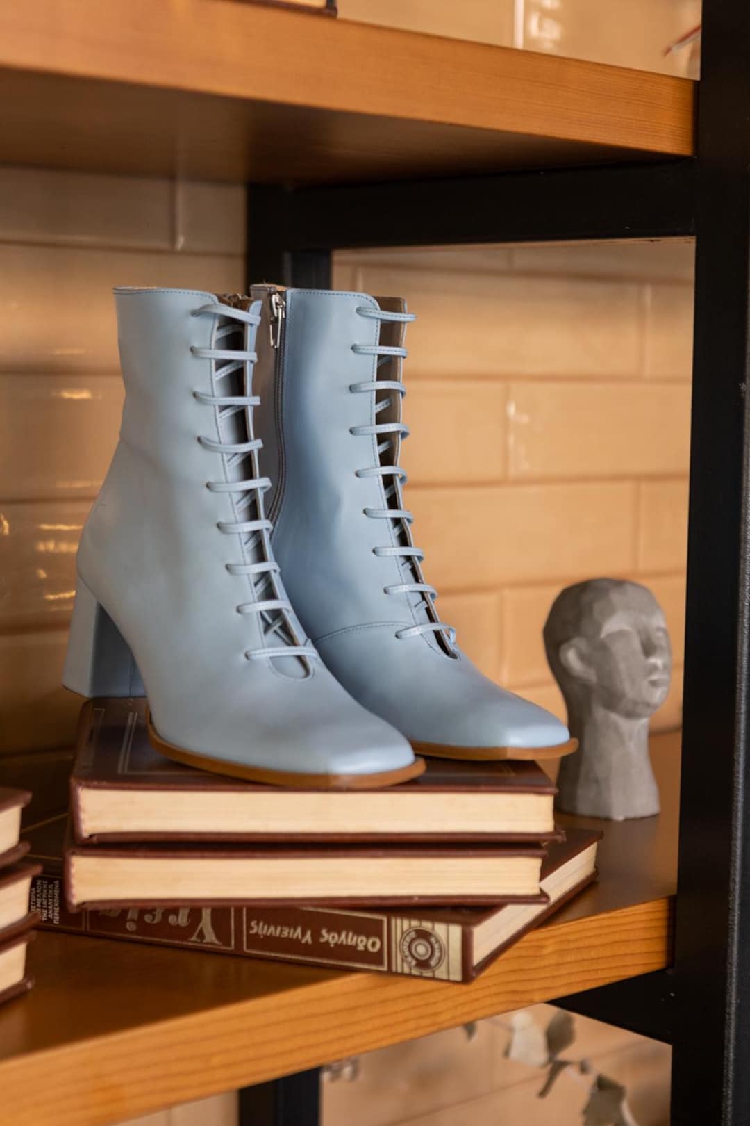 Womens Sky Blue Leather Lace up Ankle Boots, Comfortable