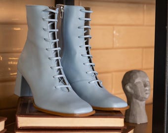 Womens Sky Blue Leather Lace Up Ankle Boots, Comfortable Stylish Square  Short Boots block heel. Ciel boots.