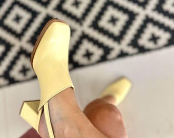 Butter Yellow Square Toe Block Heels Clogs/Mules Shoes- Elena brown ,clogs yellow leather shoes, ankle straps clogs