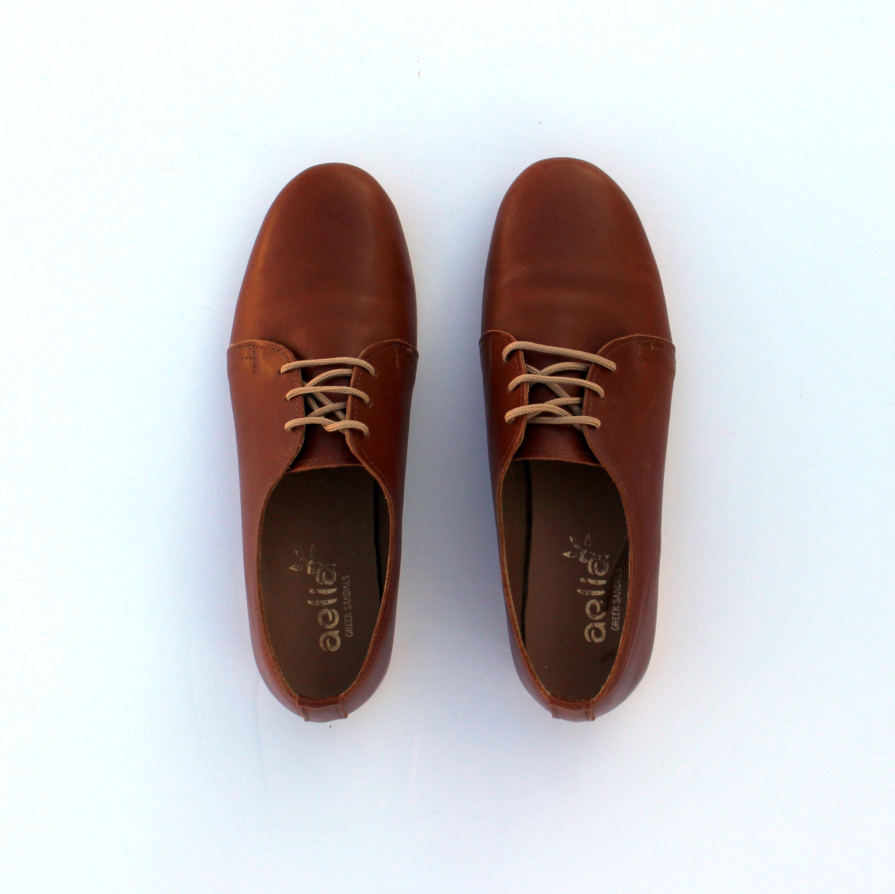 Woman Leather Oxfords Shoes Flat Derby Ties Shoes Vintage Look Brown