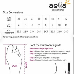 May include: Size conversion chart for sandals, showing European, US, and centimeter measurements for foot length. A diagram illustrates how to measure foot length.