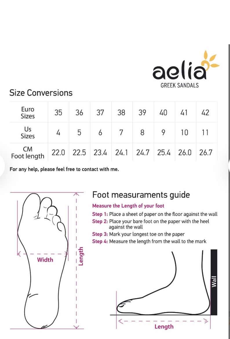 May include: Size conversion chart for sandals, showing European, US, and centimeter measurements for foot length. A diagram illustrates how to measure foot length.