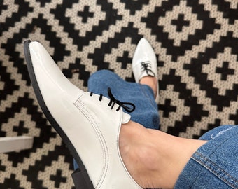 White Pointed Oxford Women Shoes/White Shoes Shiny Patent Leather Flat Derby Woman Shoes Tie Shoes White Flats Black Sole. White office shoe