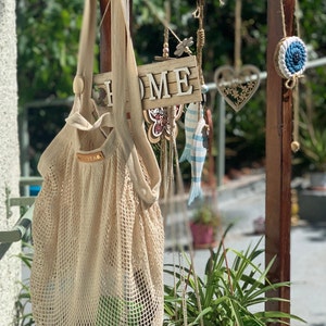 String Cotton Shopping bag /Vintage cotton net bag over shoulder natural image 5