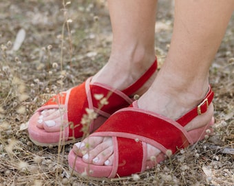 two tone sandals, Pink and red suede soft sandals.Criss cross with ankle strap. Perfect for every day.Women leather sandals, Every day shoes