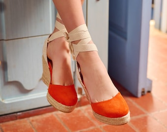 bright orange suede  Espardilles. Handmade in Greece with genuine espadrille sole made in Spain