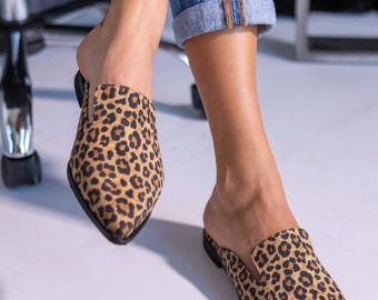 The animal print  Mules, Handmade Slides leopard print  open heel women shoes ,pointed mules, slides