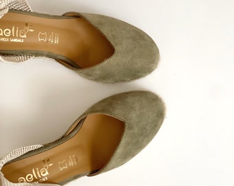 Sage Green  Espadrilles Wedges with beige cotton ribbon .Suede wedge sage green , light olive green  espadrilles handmade in Greece .