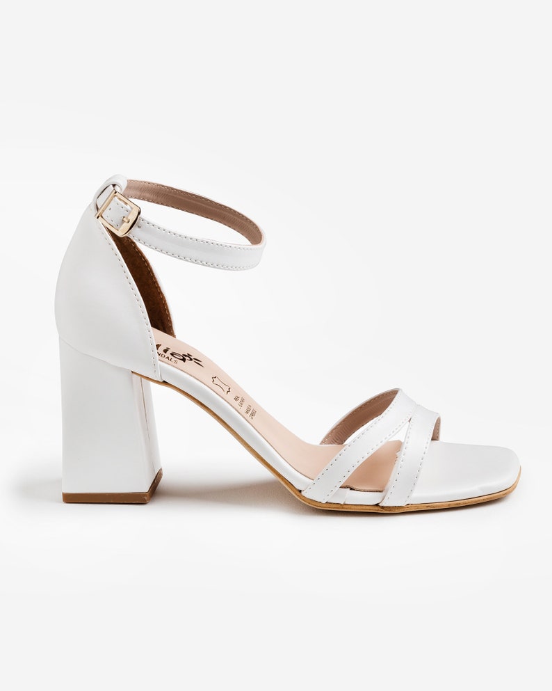 Strappy White leather block heels ,wedding shoes ,woman wedding shoes , white vegan leather with block heel .Bride white shoes block heels image 7