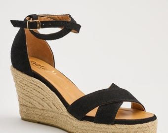 Open toe Criss Cross  Black Espadrilles Suede  Leather Espadrille Wedge