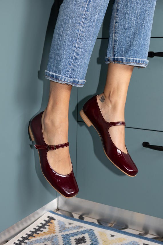 Burgundy Patent Leather Mary Jane Shoes | Square Toe, Handmade Ballet Flats