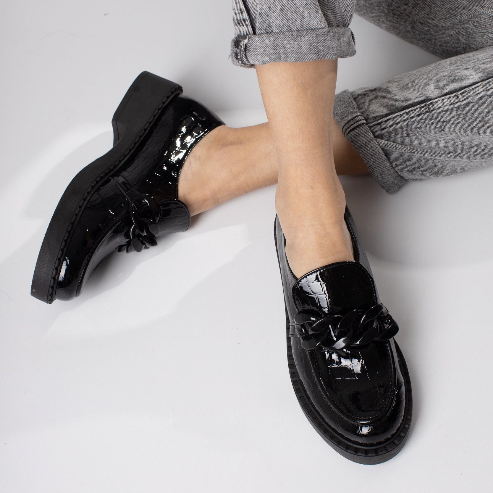 shiny black loafers womens