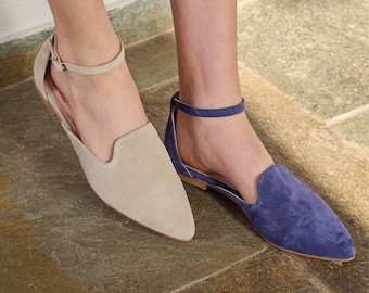 blue suede flats woman shoes /Ankle straps flat navy blue shoes