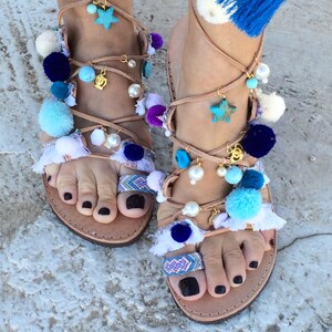 Gladiator sandals in blue /Pom Pom/lace up Greek sandals/ aelia Greek sandals/ tassel/ boho /woman shoes/ free shipping image 3