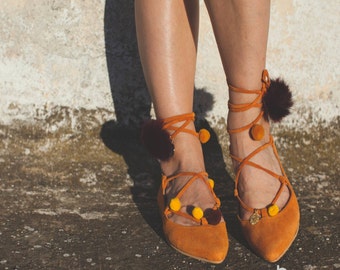 aelia/lace up/pointed toe flats/orange camel /greek designer/pom pom /gold coins/handmade shoes/pointy flat/free shipping