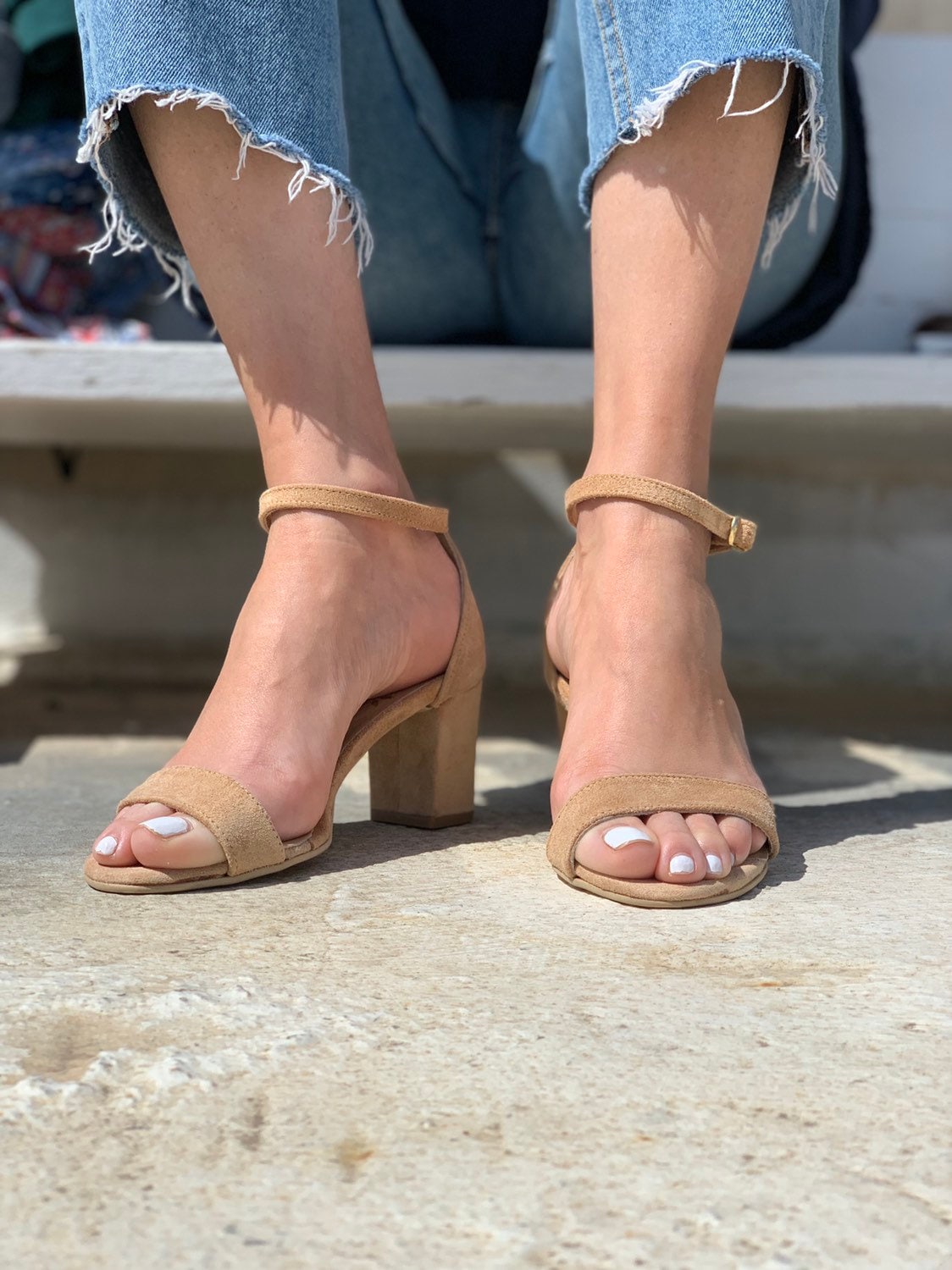 beige flats with ankle strap