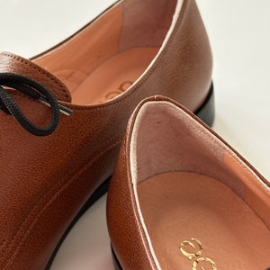 May include: Close-up of two brown leather shoes with black laces. The shoes have a soft, light brown lining with the word "Ecco" printed in gold.