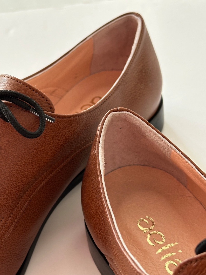 May include: Close-up of two brown leather shoes with black laces. The shoes have a soft, light brown lining with the word "Ecco" printed in gold.