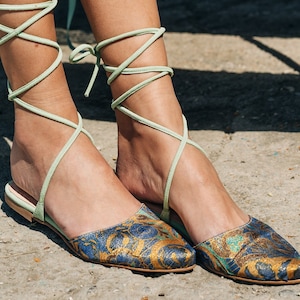 boho chic Lace up flat shoes ,handmade,leather shoes, with unique fabric in limited edition  mint color
