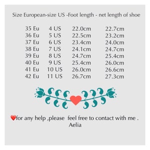 May include: A chart showing European shoe sizes in EU and US sizes, along with corresponding foot length and net length of shoe measurements in centimeters. The chart includes sizes 35 EU to 42 EU.