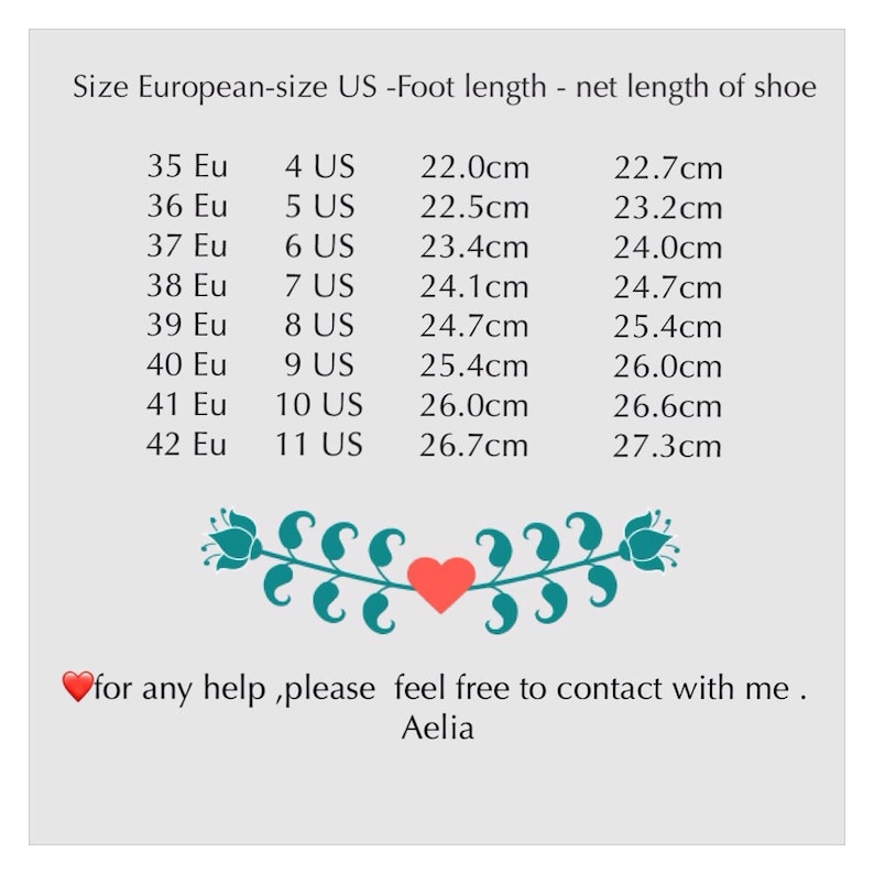 May include: A chart showing European shoe sizes in EU and US sizes, along with corresponding foot length and net length of shoe measurements in centimeters. The chart includes sizes 35 EU to 42 EU.