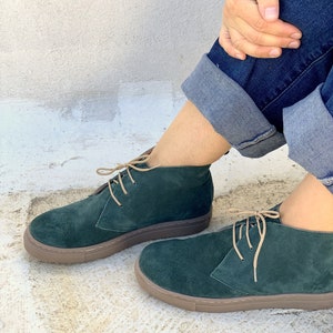 Dark Green Leather Shoes Handmade Aelia Sneakers Green Ankle Boots for Women image 9