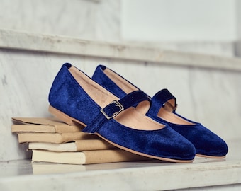 Woman Blue Velvet Flat Shoes with strap, Mary Jane blue velvet flats. Handmade in Greece.