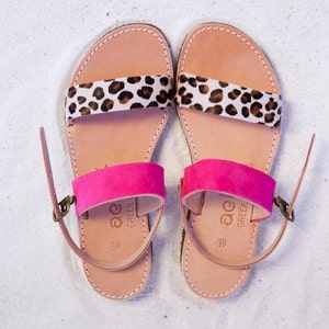 Aelia greek sandals / apostasy collection/ leopard pony skin and fuchsia/ handmade / two straps image 1