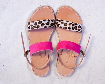 Aelia greek sandals / apostasy collection/ leopard pony skin and fuchsia/ handmade / two straps