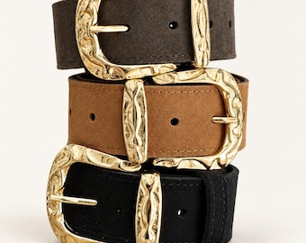 Suede Leather Belt with Gold Buckle  - Leather Belt Woman Handmade in Greece