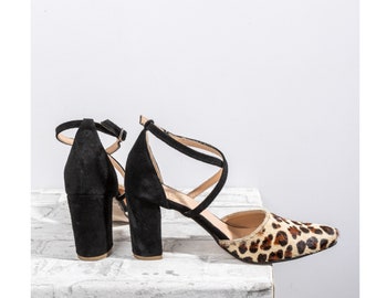 black and animal print stunning block heels  Woman Handmade Medium Block Heels Pointed Pumps , sandalen blockabsatz