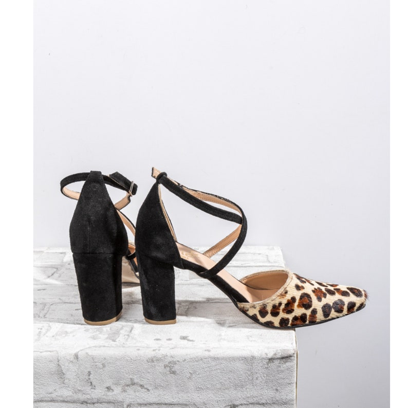 Elegant Black & Animal Print Handmade Block Heel Pumps: Women's Pointed-Toe Sandals for Business & Parties